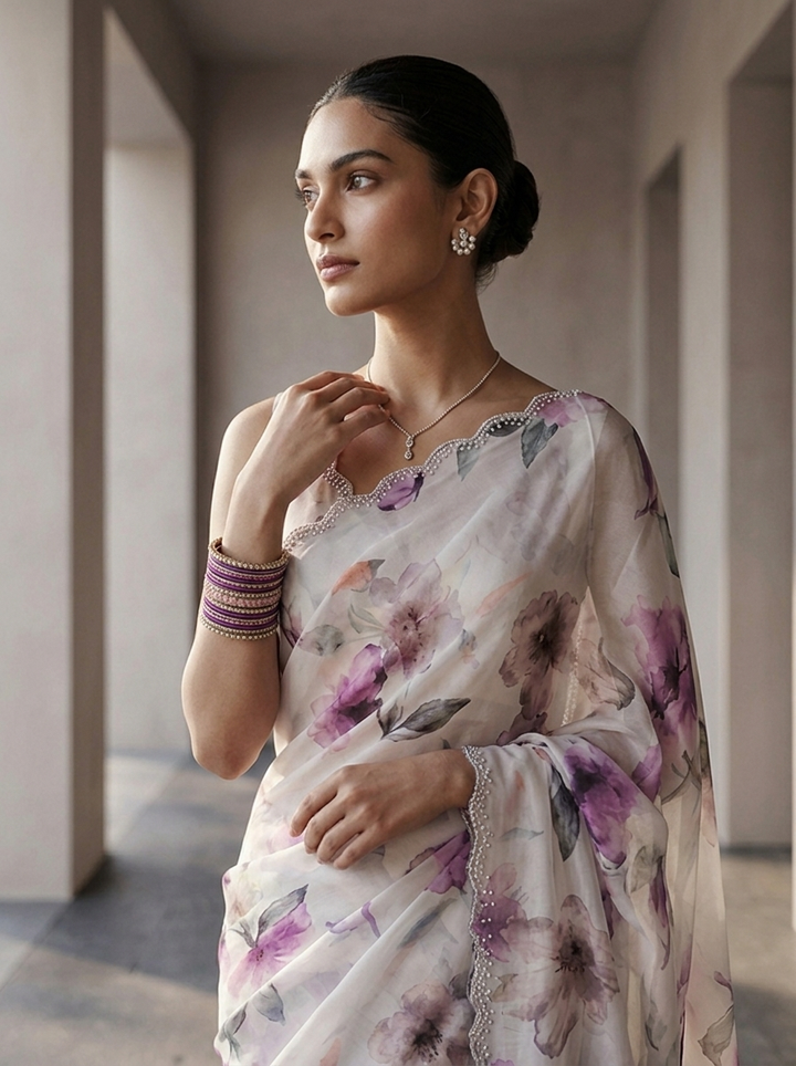 Purple Satin Floral Printed Saree