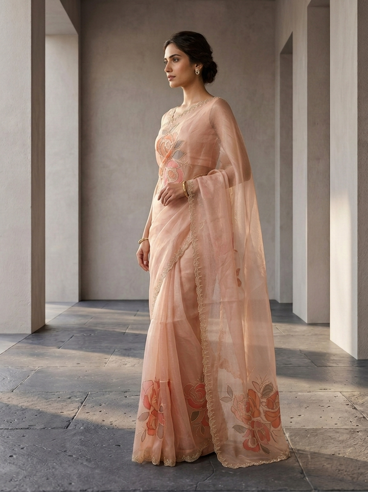 Peach Organza Stone Embroidery Saree