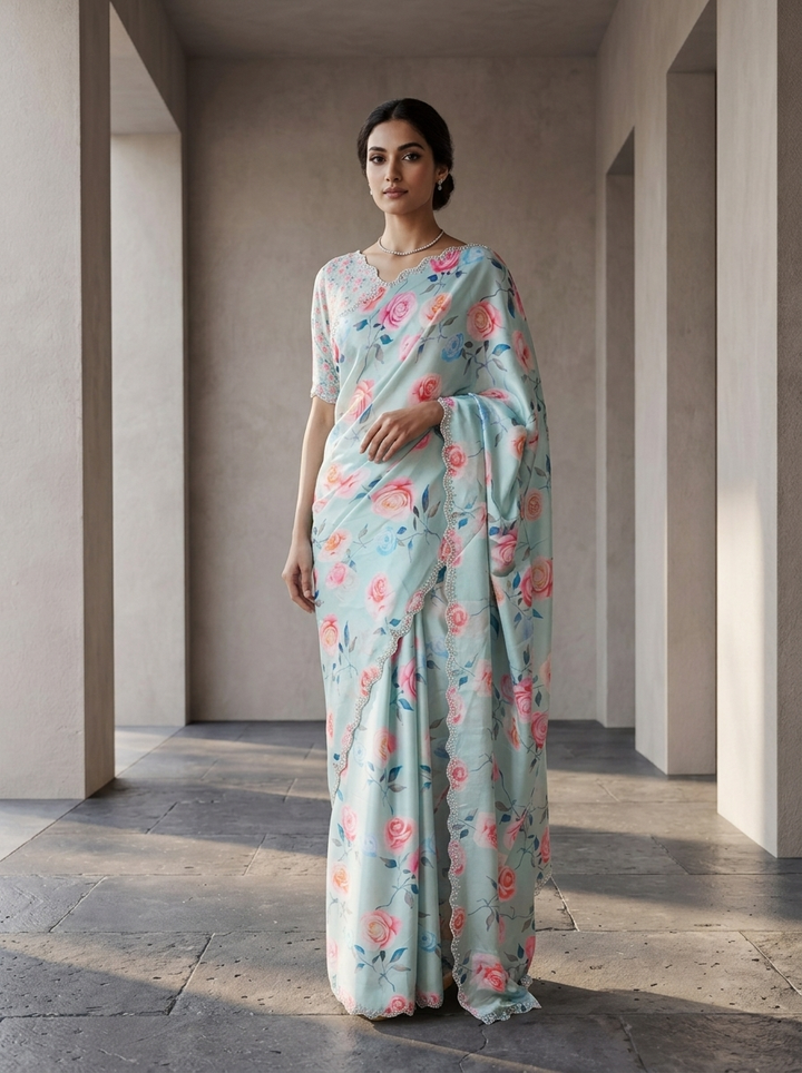 Sky Blue Satin Heavy Floral Digital Printed Saree