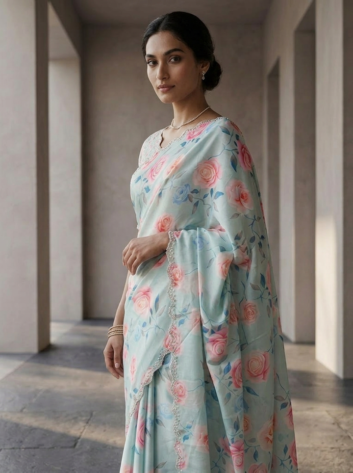 Sky Blue Satin Heavy Floral Digital Printed Saree