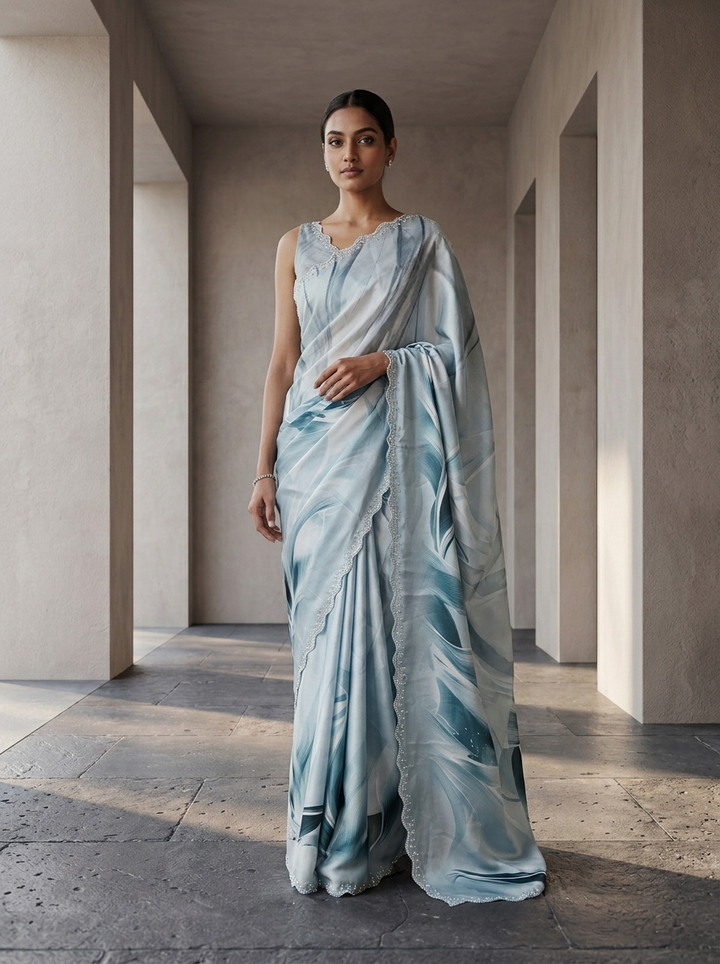Ice Blue Satin Abstract Printed Saree