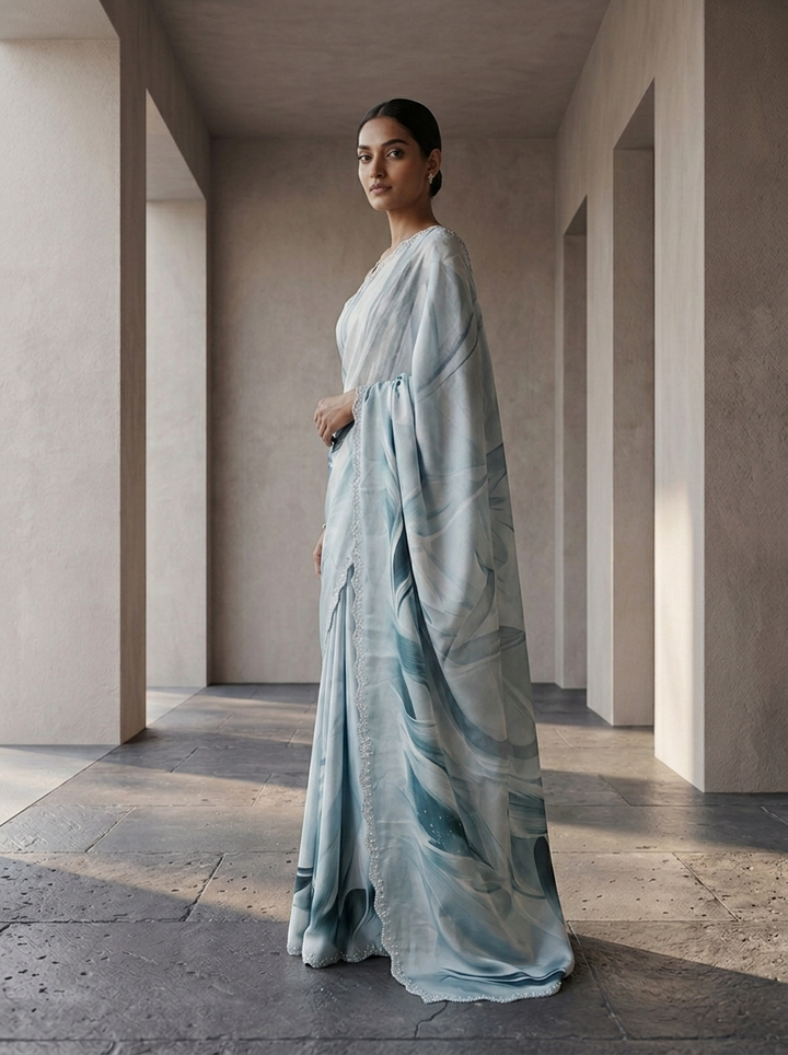 Ice Blue Satin Abstract Printed Saree