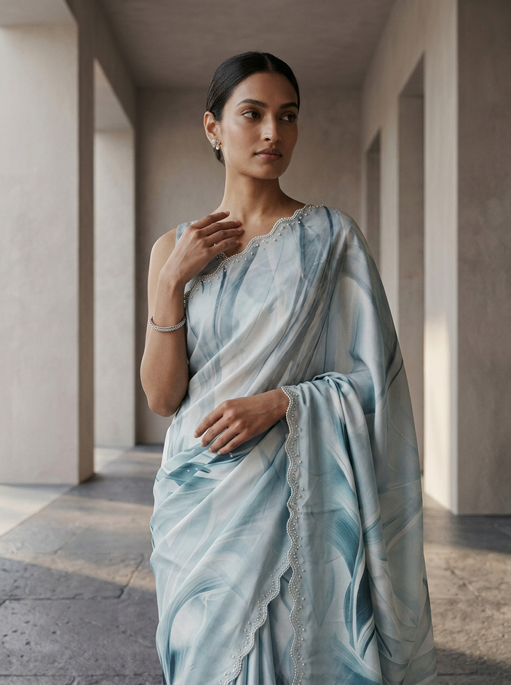 Ice Blue Satin Abstract Printed Saree