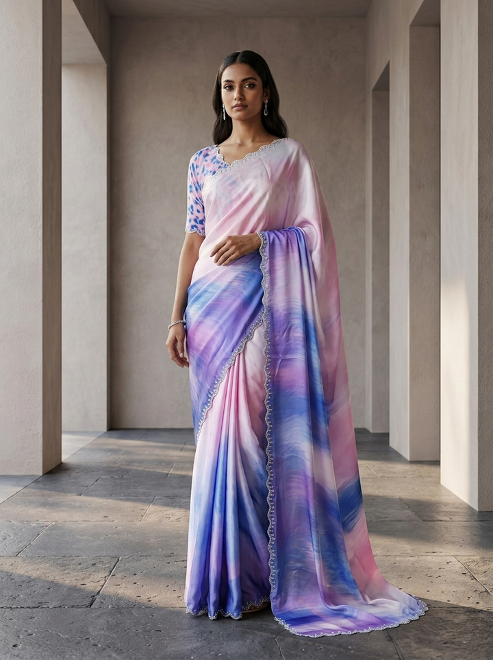 Purple And Baby Pink Crepe Saree