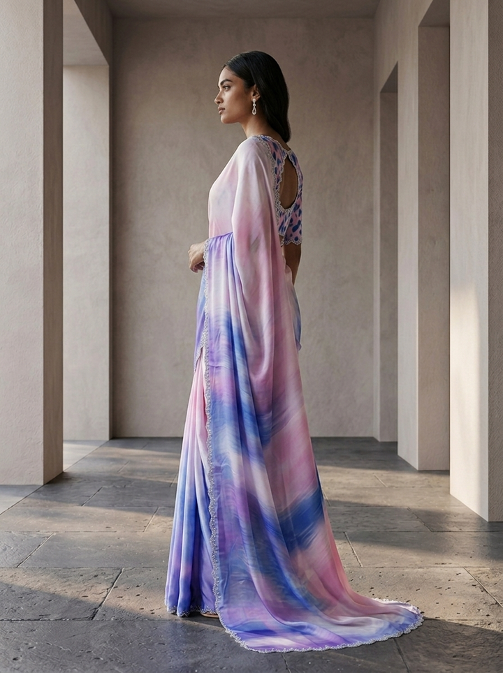Purple And Baby Pink Crepe Saree