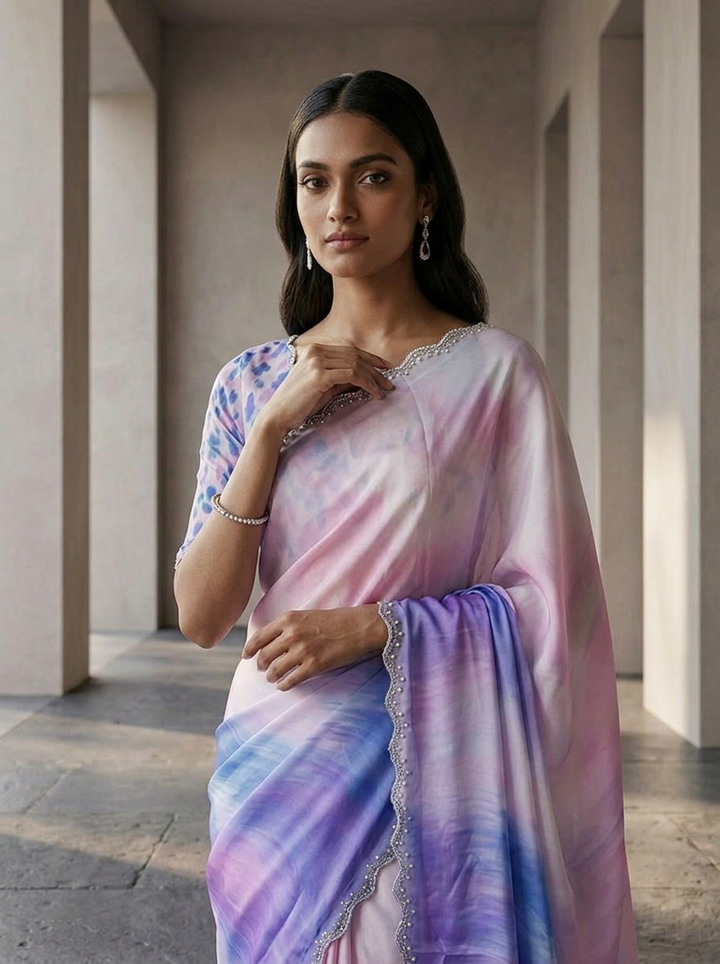 Purple And Baby Pink Crepe Saree