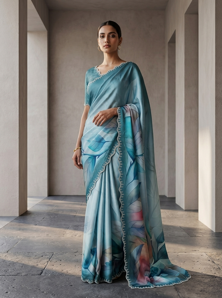 Sea Green Satin Floral Printed Saree