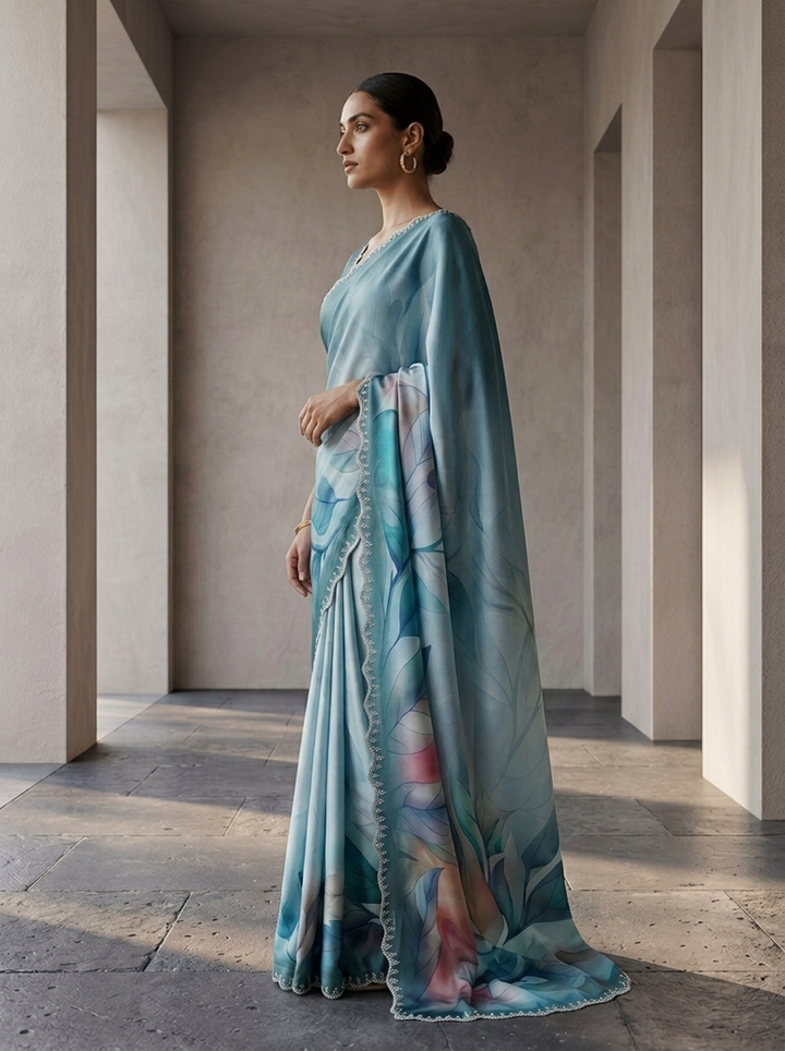 Sea Green Satin Floral Printed Saree