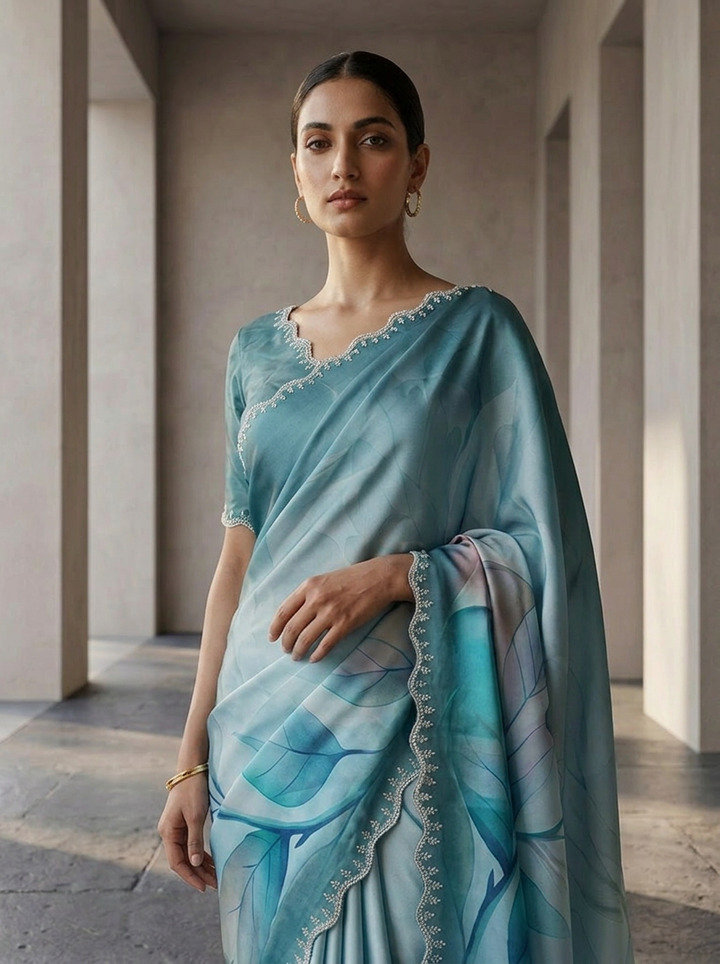 Sea Green Satin Floral Printed Saree
