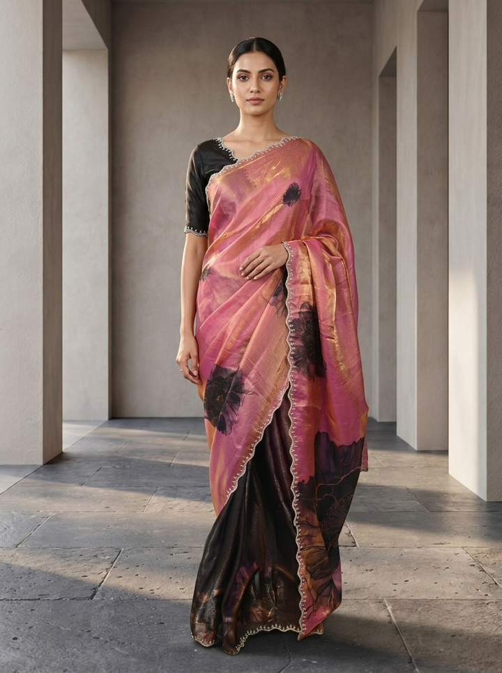 Rose Pink And Brown Satin Floral Digital Printed Saree