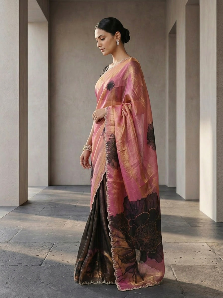 Rose Pink And Brown Satin Floral Digital Printed Saree