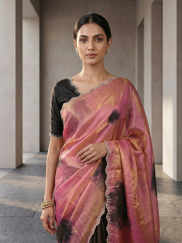 Rose Pink And Brown Satin Floral Digital Printed Saree