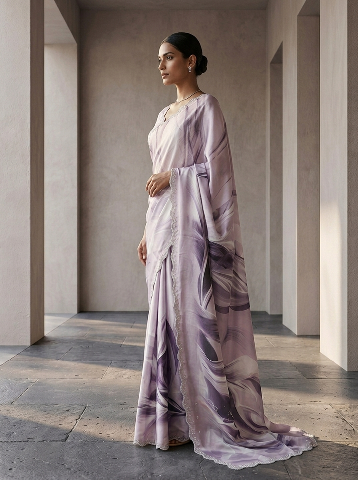 Onion Pink Satin Abstract Printed Saree