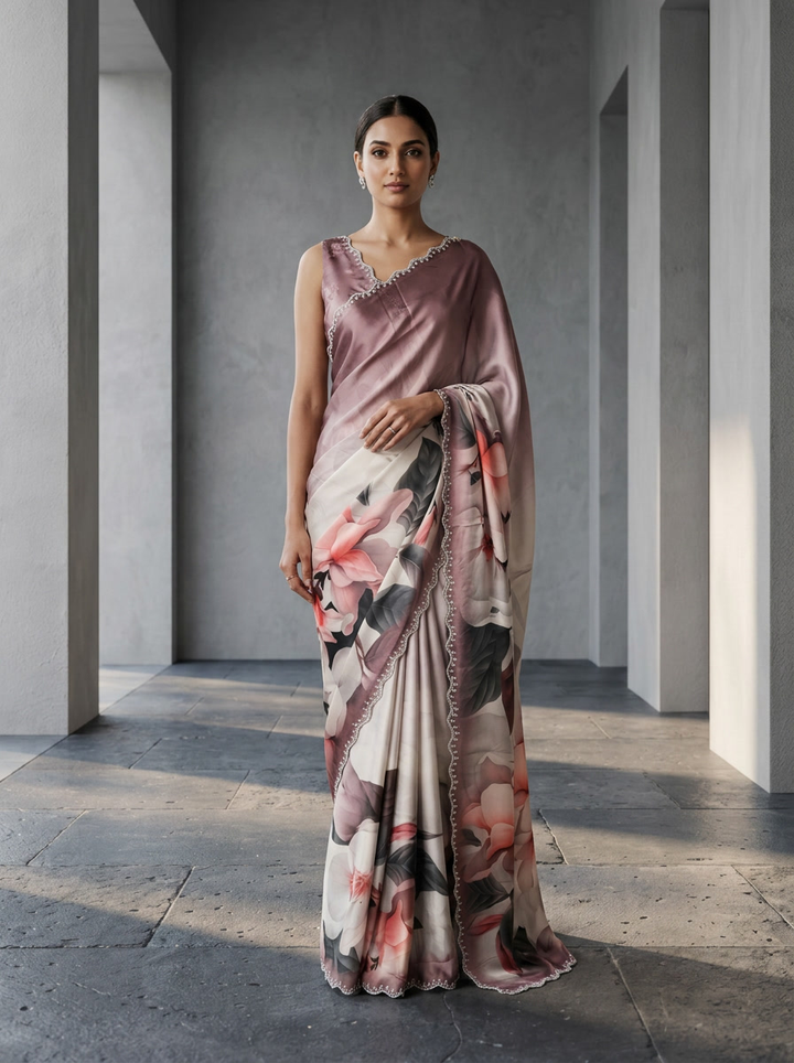 Onion Pink Crepe Floral Printed And Beads Embroidered Saree