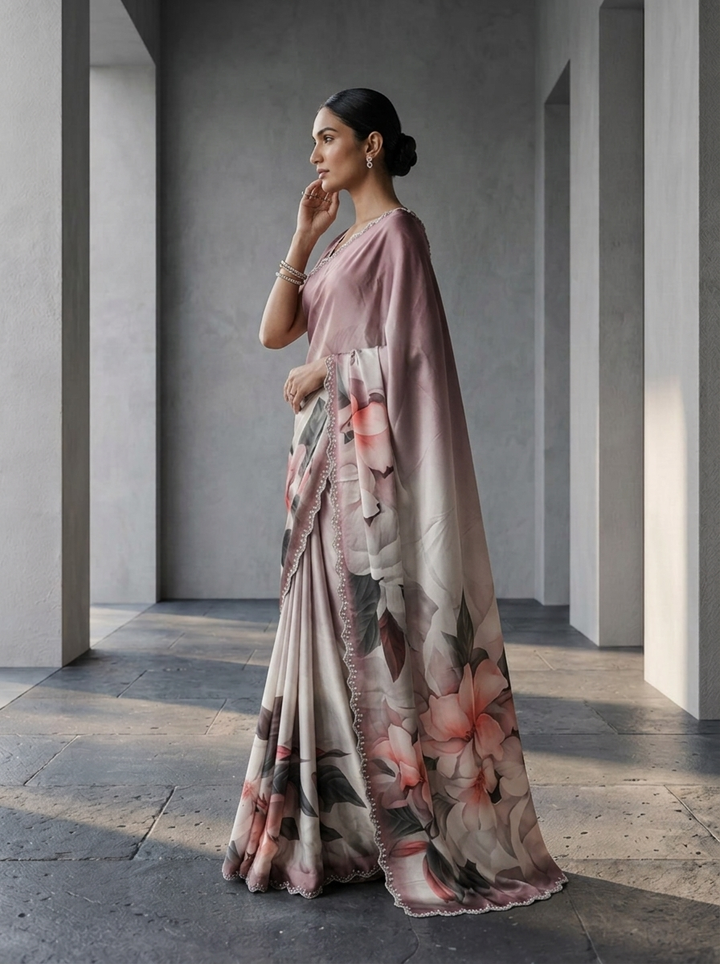 Onion Pink Crepe Floral Printed And Beads Embroidered Saree
