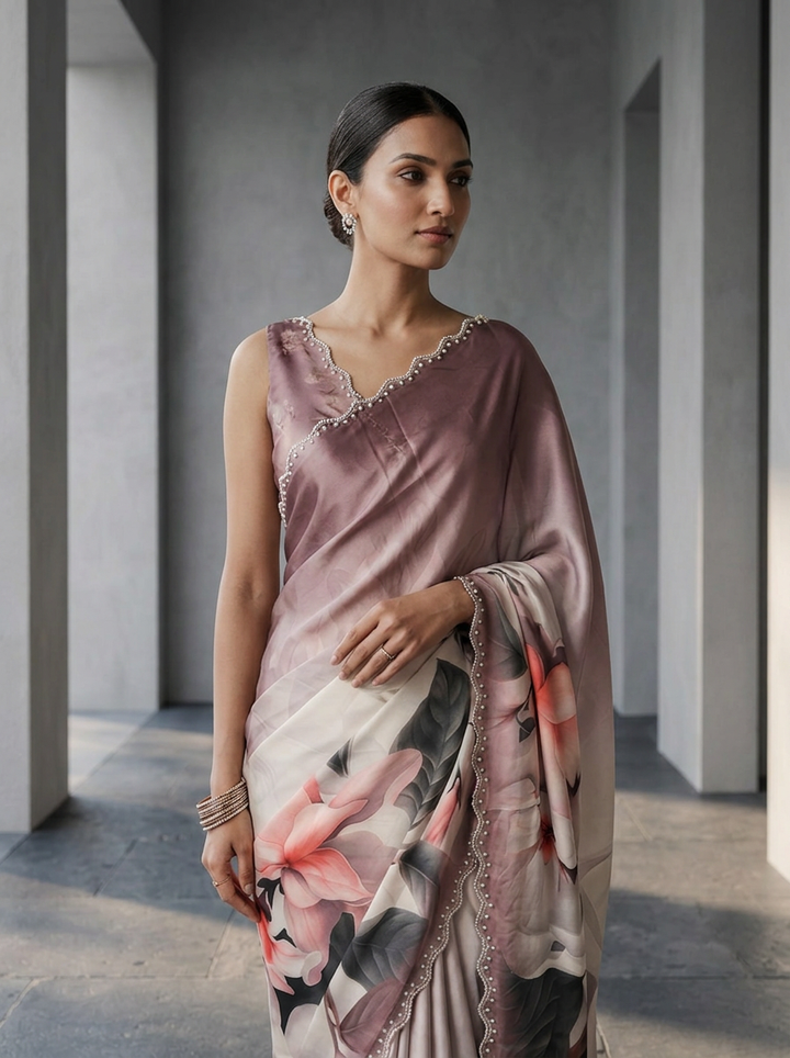 Onion Pink Crepe Floral Printed And Beads Embroidered Saree