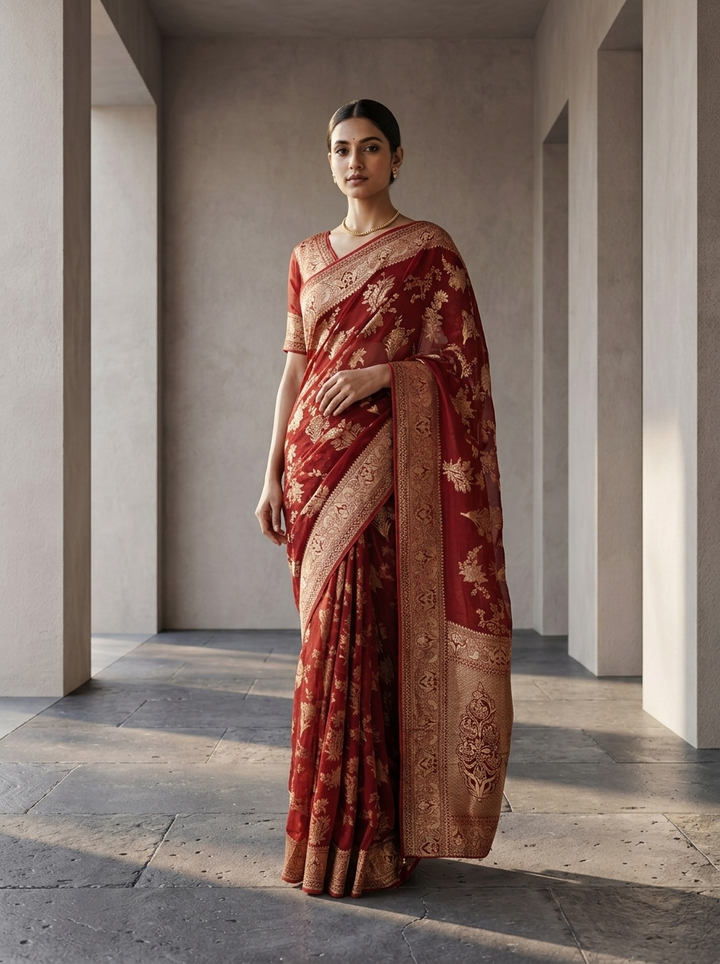 Maroon Banaras Floral Design Weaved Saree