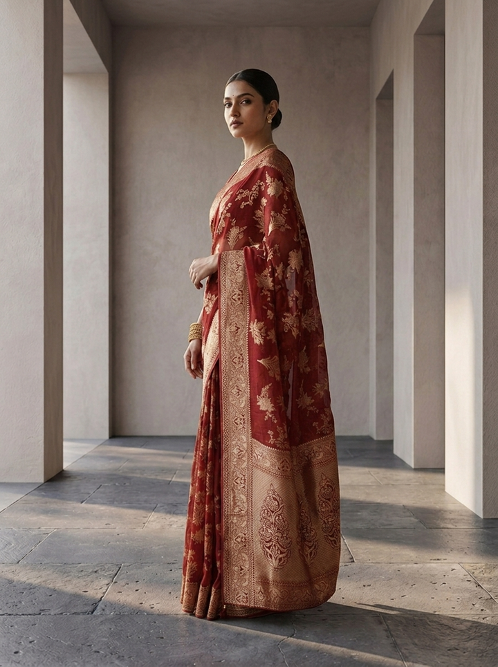 Maroon Banaras Floral Design Weaved Saree