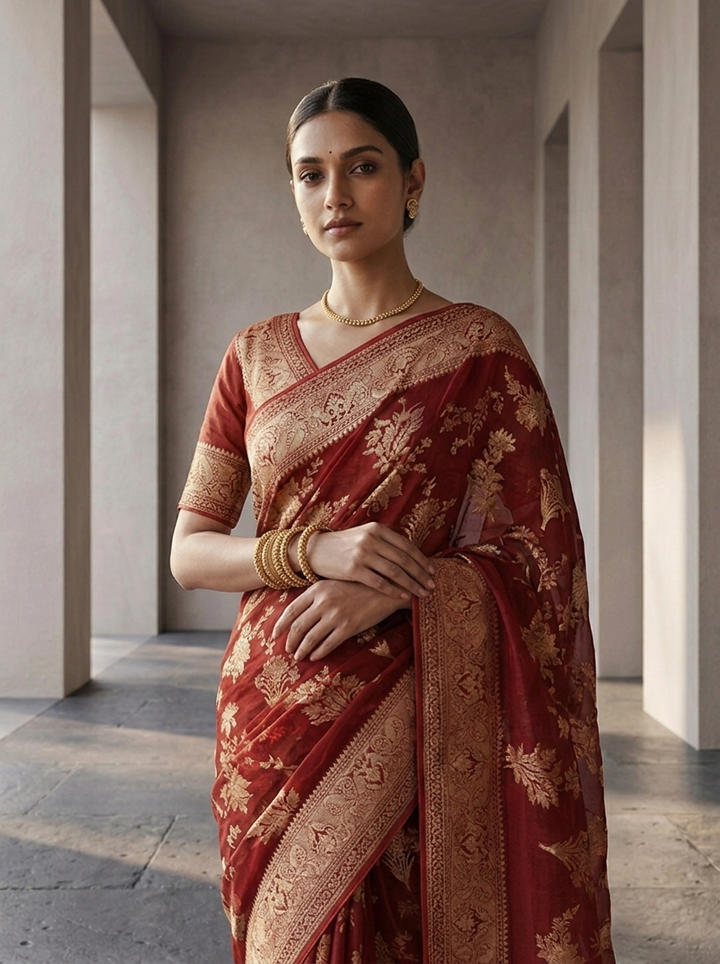 Maroon Banaras Floral Design Weaved Saree