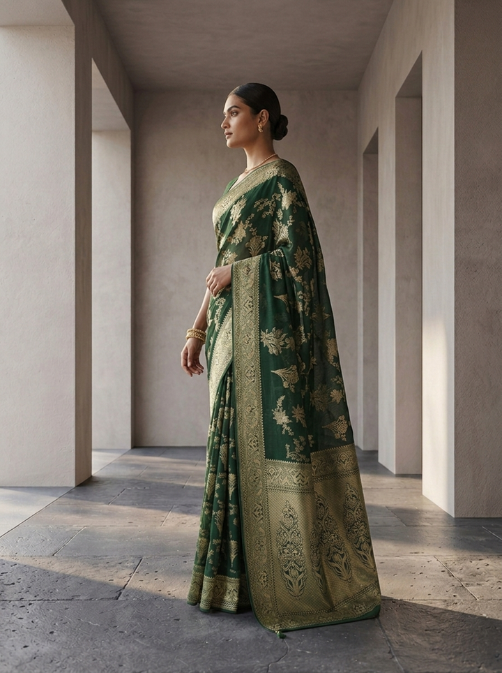 Bottle Green Banaras Floral Design Weaved Saree