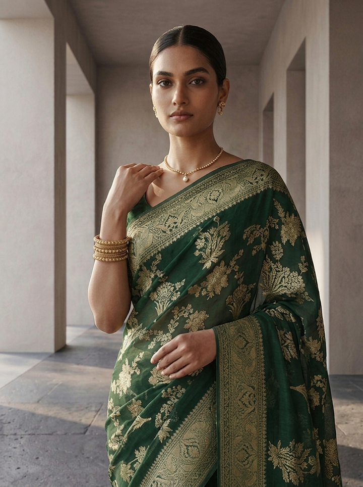 Bottle Green Banaras Floral Design Weaved Saree