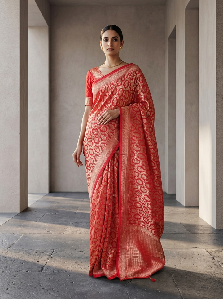 Rani Pink Banaras Weaved Saree With Heavy Floral Design