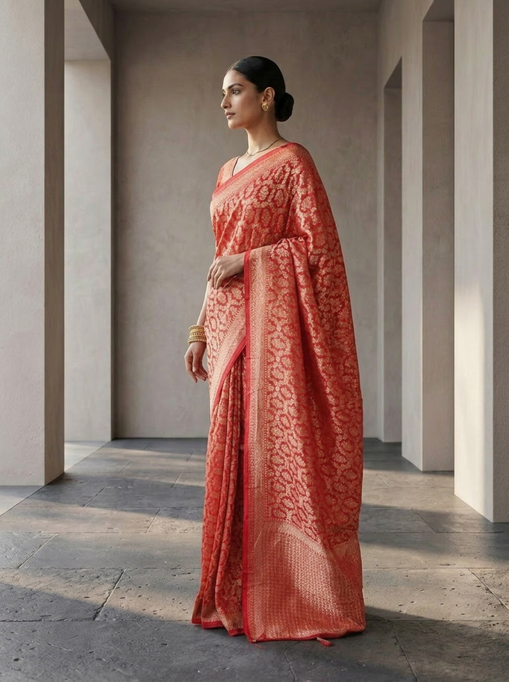 Rani Pink Banaras Weaved Saree With Heavy Floral Design
