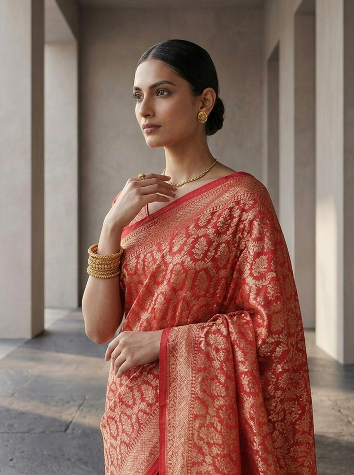 Rani Pink Banaras Weaved Saree With Heavy Floral Design