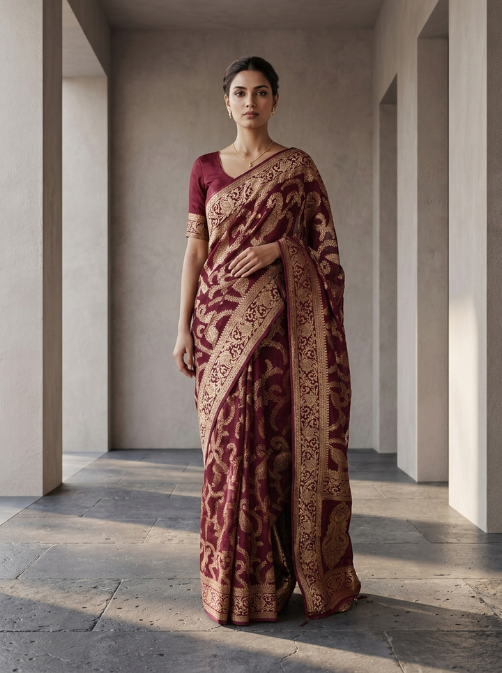 Wine Banaras Floral Design Weared Saree