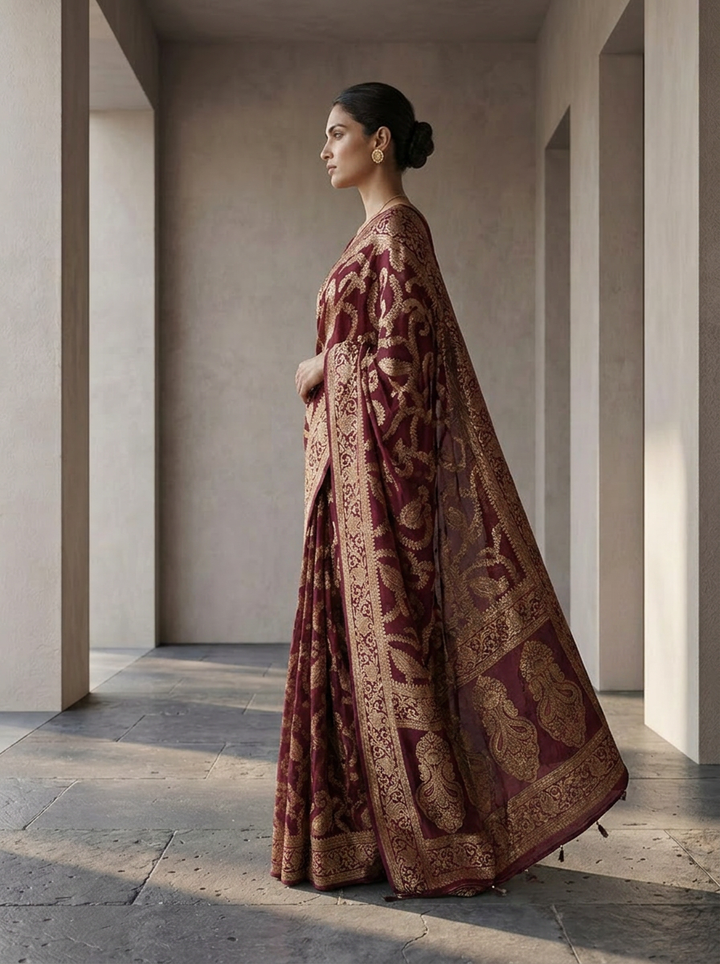 Wine Banaras Floral Design Weared Saree