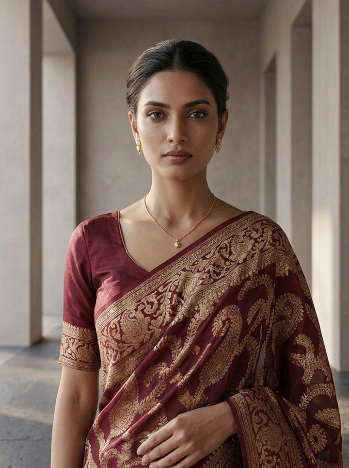 Wine Banaras Floral Design Weared Saree