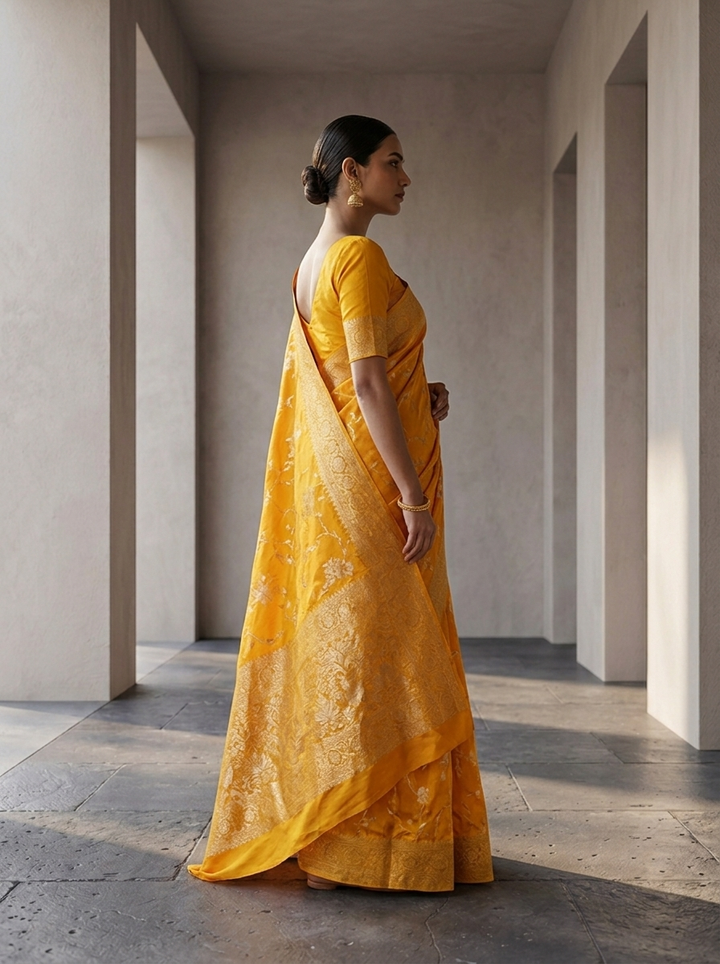 Yellow Banaras Saree With Heavy Floral Design