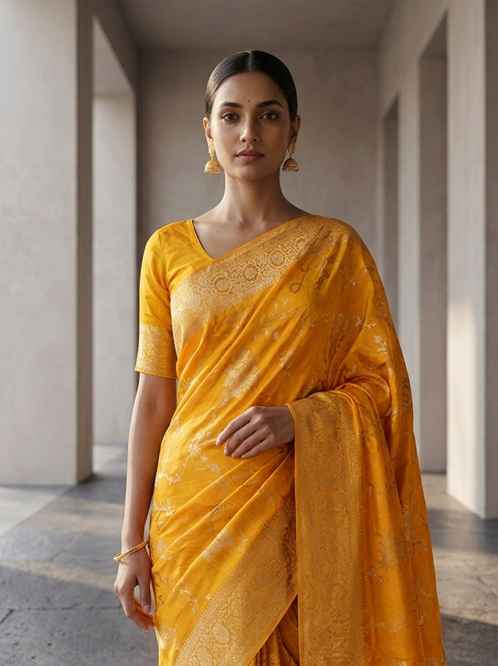 Yellow Banaras Saree With Heavy Floral Design