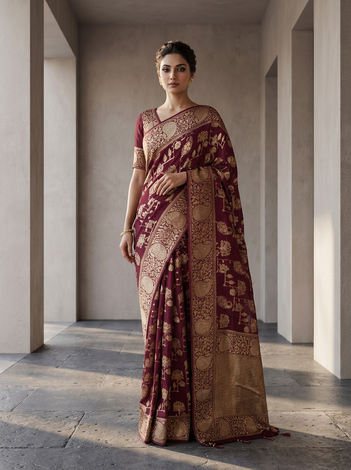 Wine Banaras Paisley Design Weaved Saree