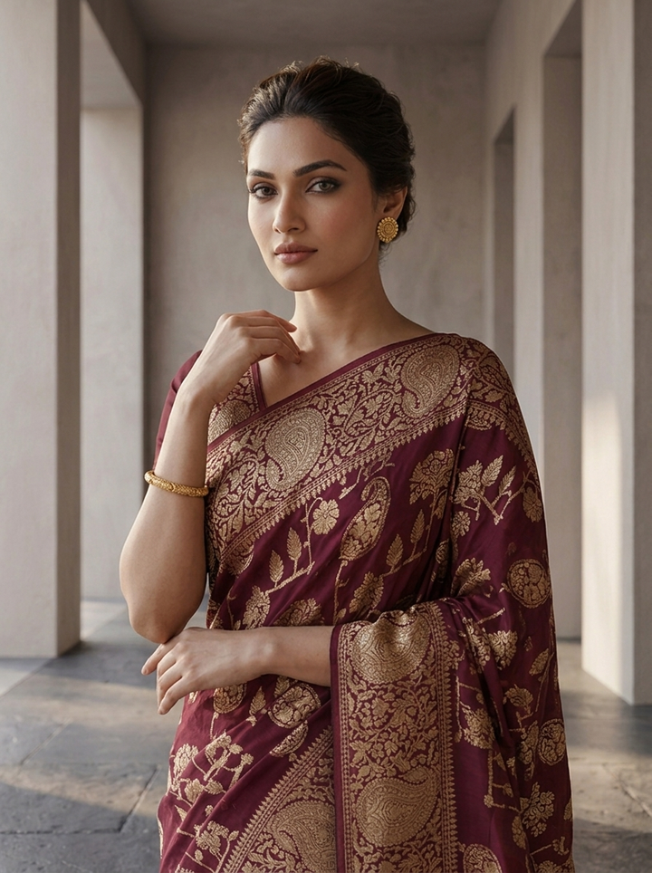 Wine Banaras Paisley Design Weaved Saree