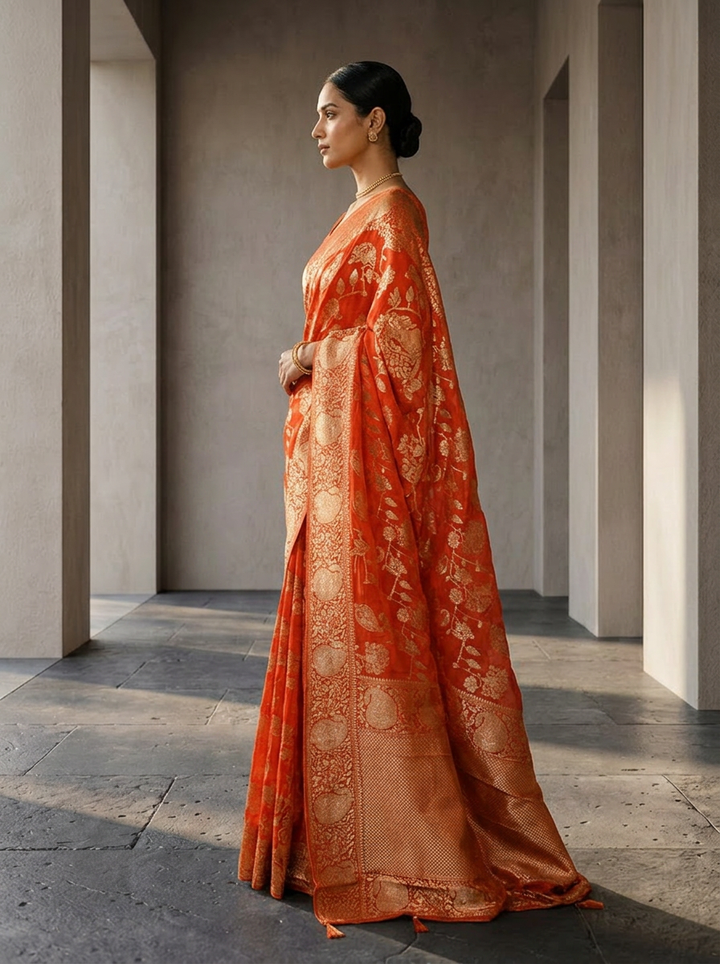 Orange Banaras Paisley Design Weaved Saree