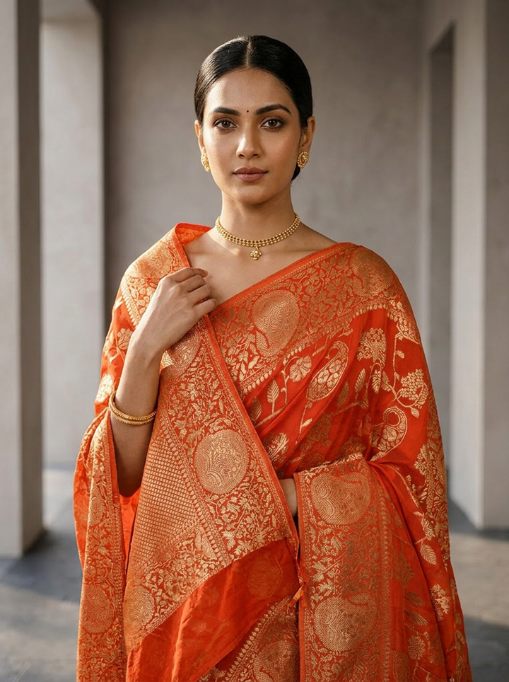 Orange Banaras Paisley Design Weaved Saree