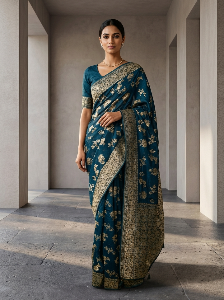 Peacock Banaras Weaved Saree With Floral Design