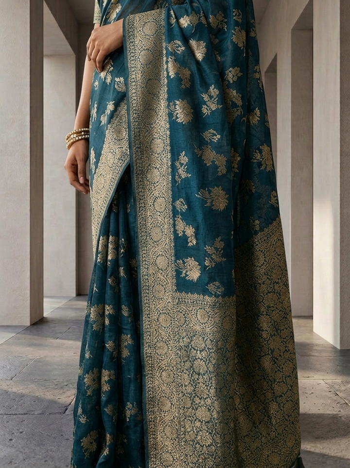 Peacock Banaras Weaved Saree With Floral Design