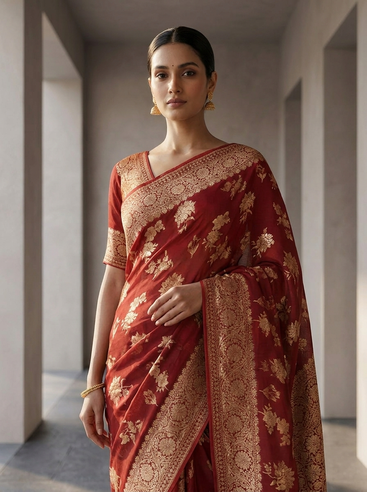 Maroon Banaras Weaved Saree With Floral Design