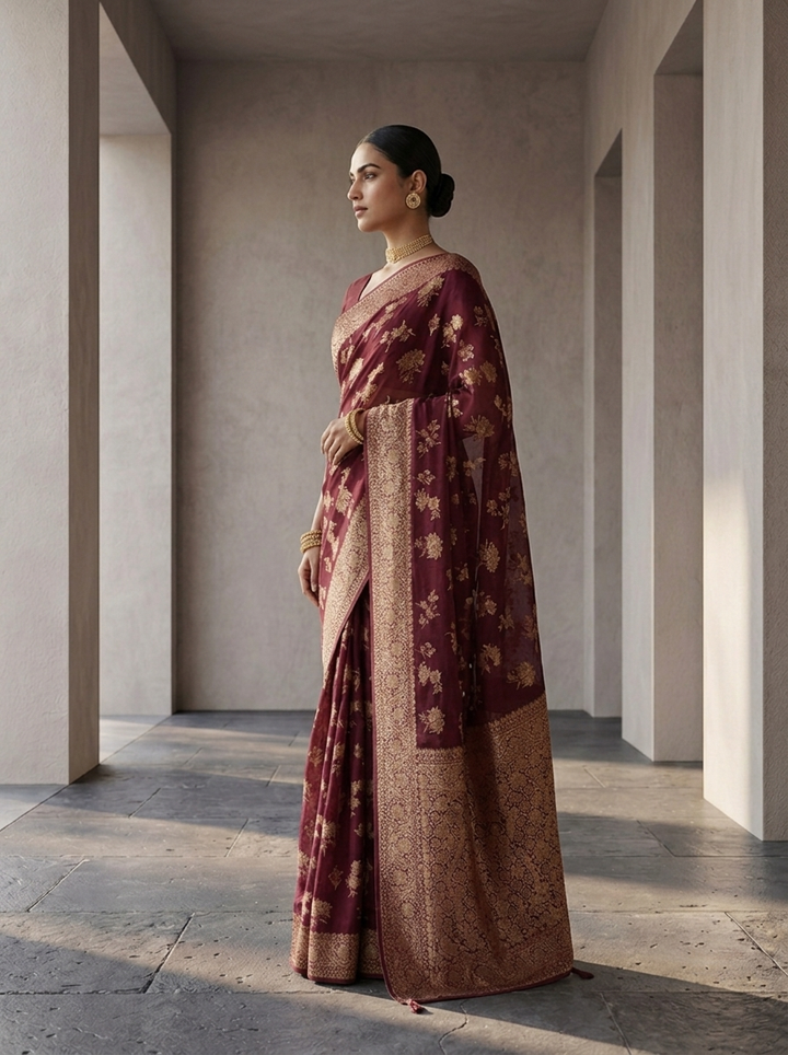 Wine Banaras Weaved Saree With Floral Design