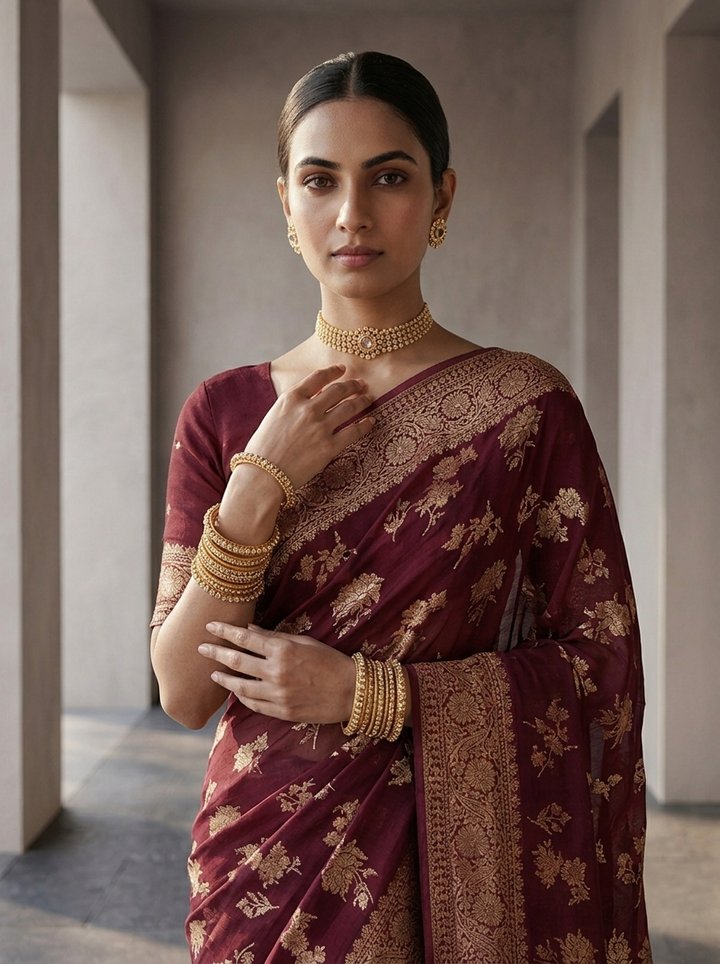 Wine Banaras Weaved Saree With Floral Design