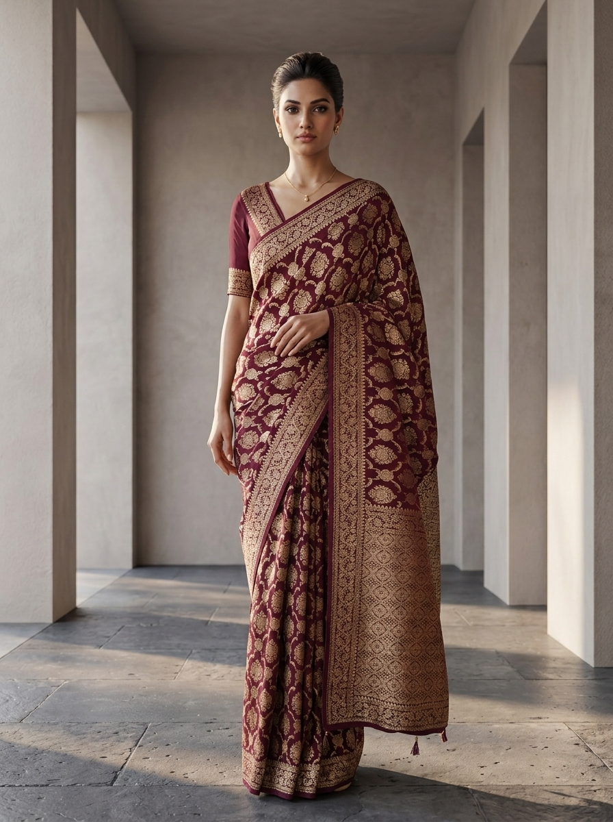 Wine Banaras Weaved Saree