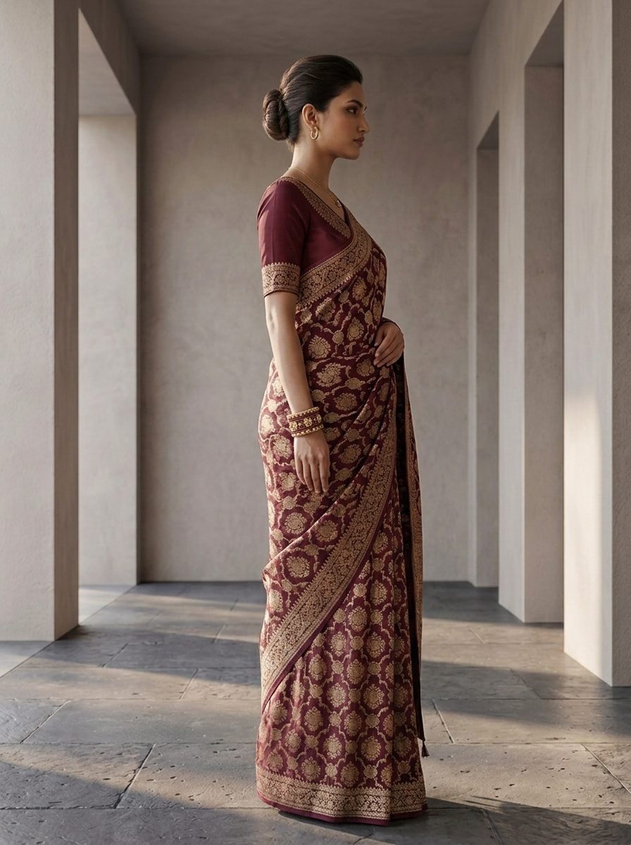 Wine Banaras Weaved Saree