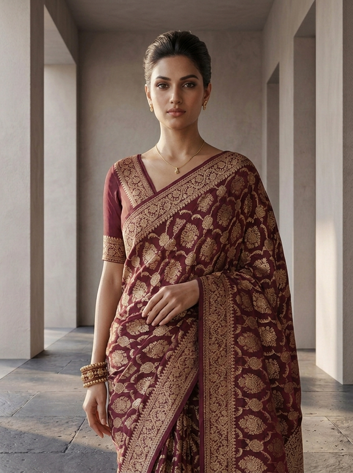 Wine Banaras Weaved Saree