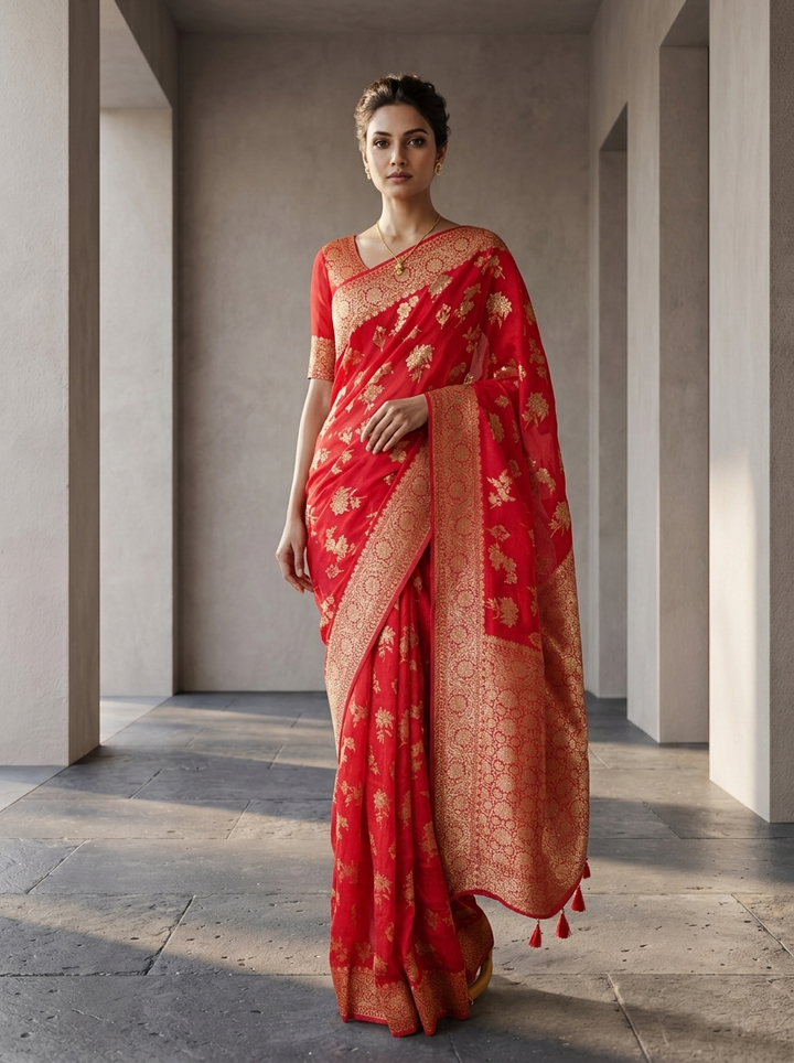 Rani Pink Banaras Weaved Saree With Floral Design