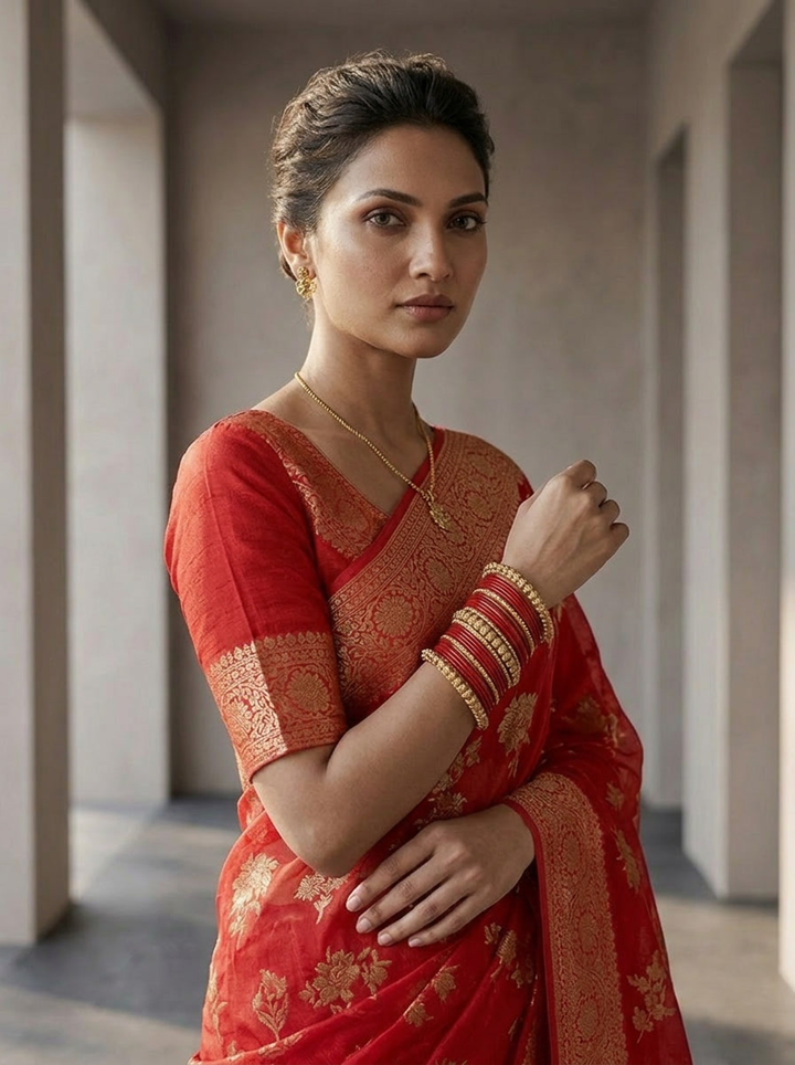 Rani Pink Banaras Weaved Saree With Floral Design
