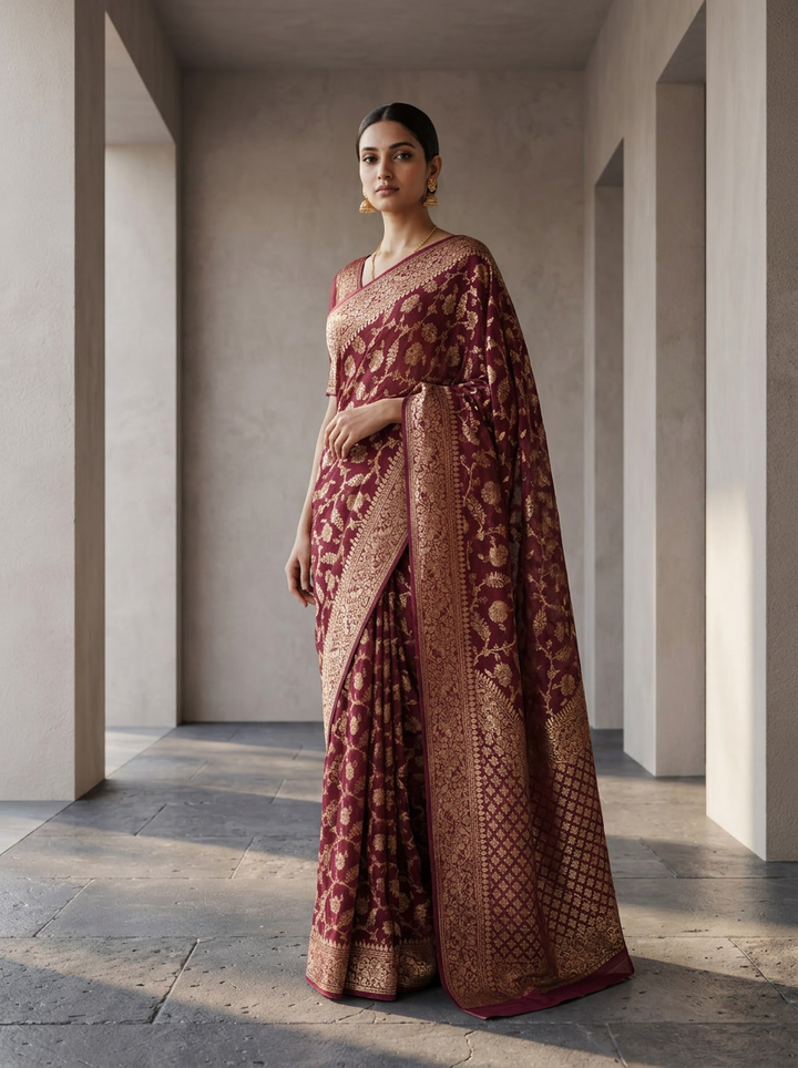Wine Banaras Weaved Floral Design Saree