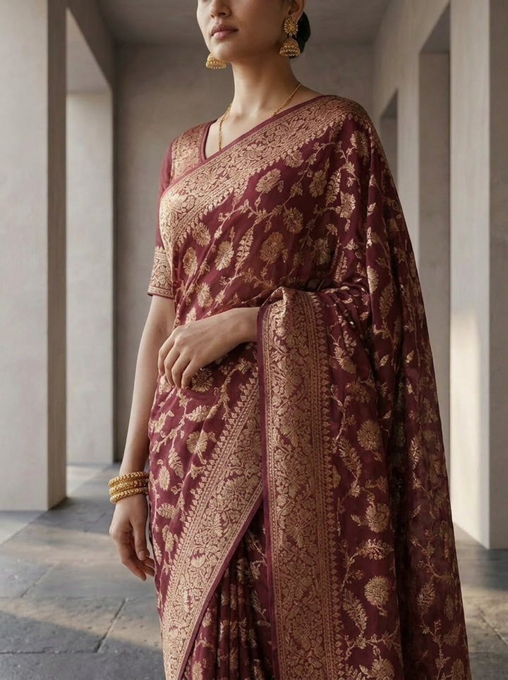 Wine Banaras Weaved Floral Design Saree