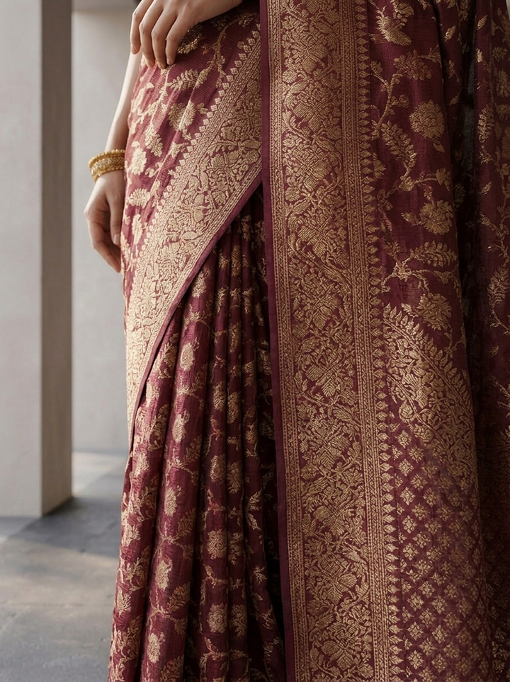 Wine Banaras Weaved Floral Design Saree
